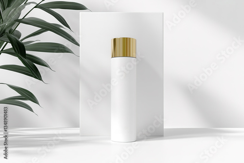 High-End Skincare Bottle with Gold Cap and Greenery