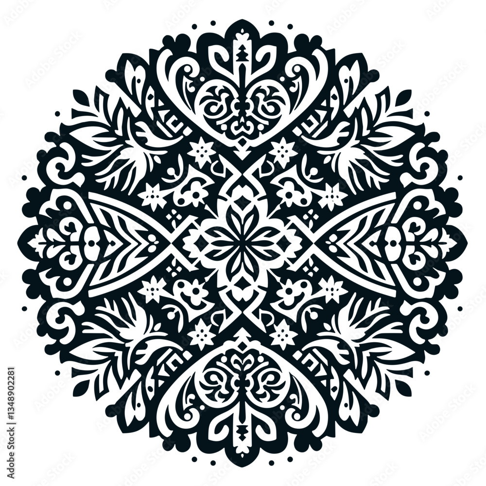 Intricate floral mandala pattern in black and white design Intricate floral mandala pattern in black and white design