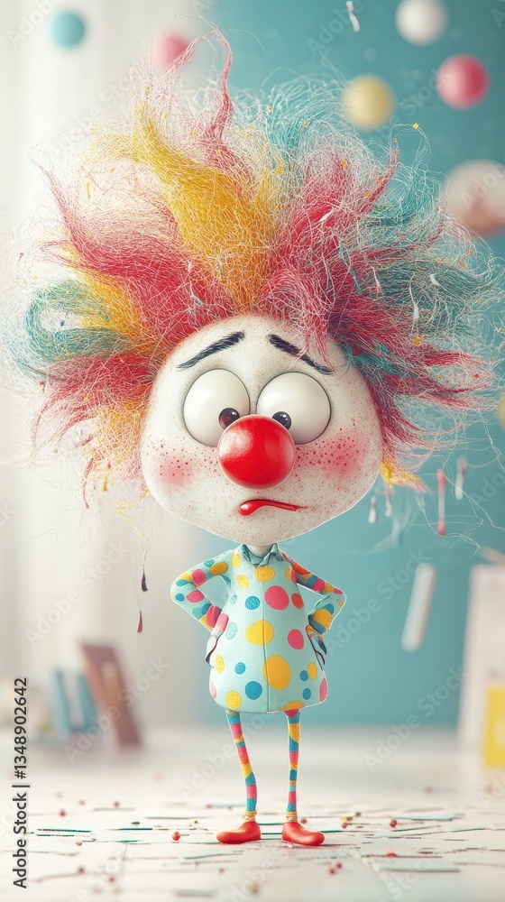 Fototapeta premium Sad Clown with Exploding Colorful Hair 3D Render