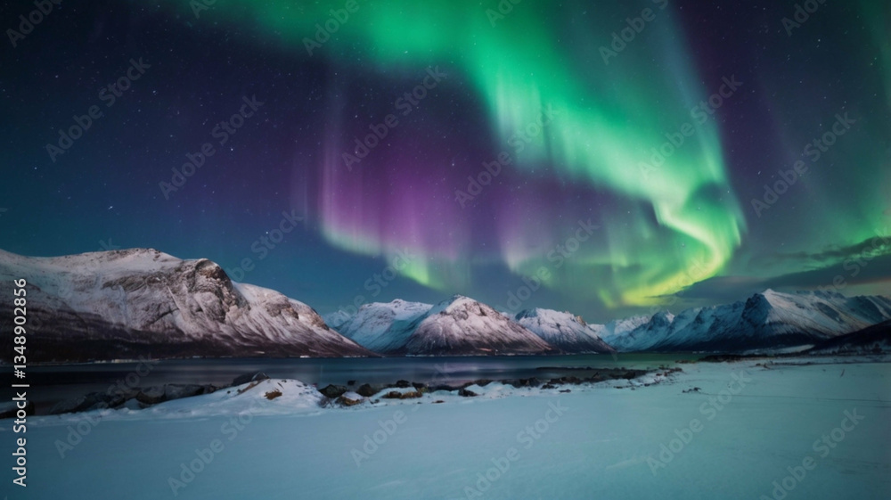 Naklejka premium Northern Lights Aurora Borealis Over Snowy Mountains, Night Sky with Green and Purple Colors
