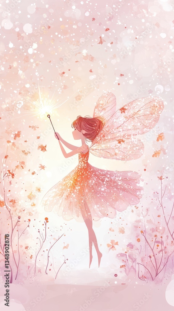 Fototapeta premium Whimsical Fairy with Glowing Wand in a Pastel Autumn Landscape