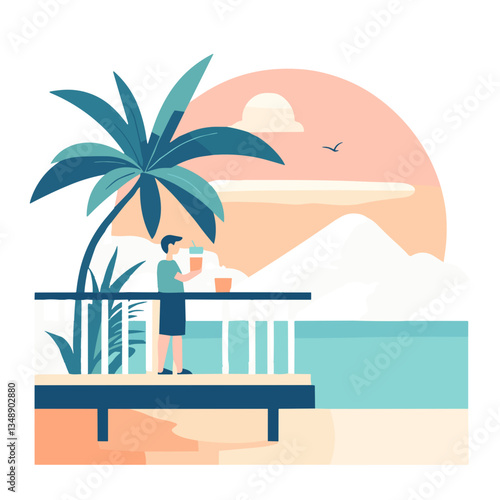 Young man enjoying a drink on a beachside deck at sunset  