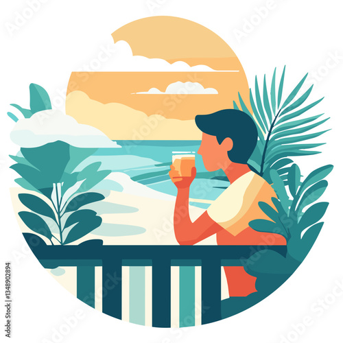 Young man enjoying a drink while relaxing by the beach.  
