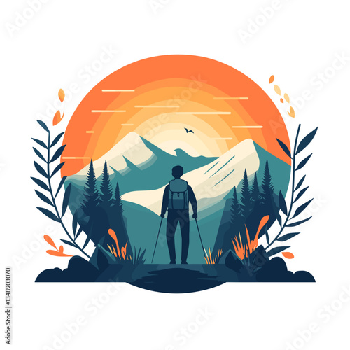 Hiker admiring sunset over mountains in nature landscape  