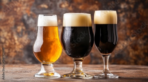 Refreshing cold craft beer assortment featuring IPA, lager, and stout in frosty glasses with rich foam, showcasing a variety of flavors and colors.