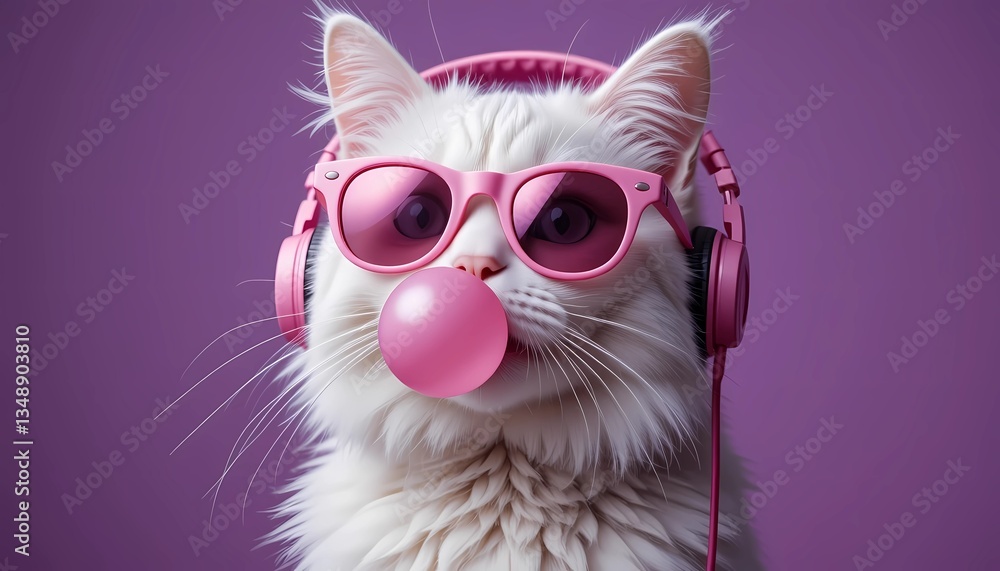 Obraz premium Trendy White Cat Wearing Pink Sunglasses, Headphones, and Blowing Bubblegum with a Cool Attitude.