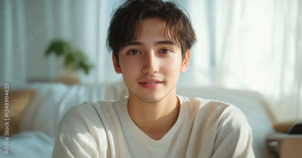 Young Asian Man in Home Office Attending Virtual Meeting on Laptop with Natural Light Young Asian Man in Home Office Attending Virtual Meeting on Laptop with Natural Light