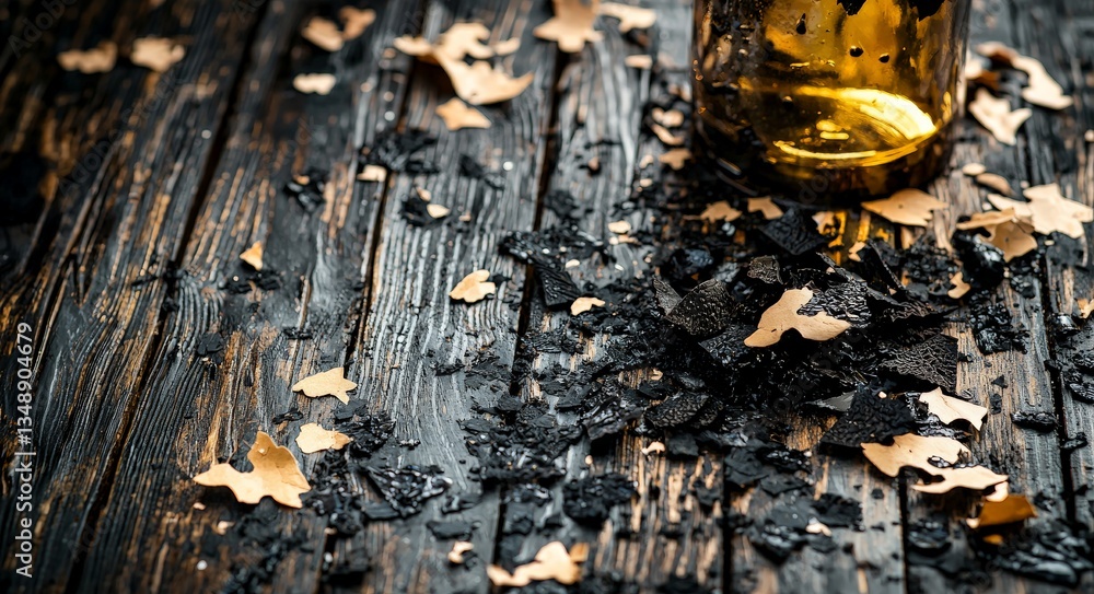 Fototapeta premium Dark wooden table with freshly shaved truffle slices and gourmet truffle oil emphasizing luxurious ingredient preparation and culinary sophistication