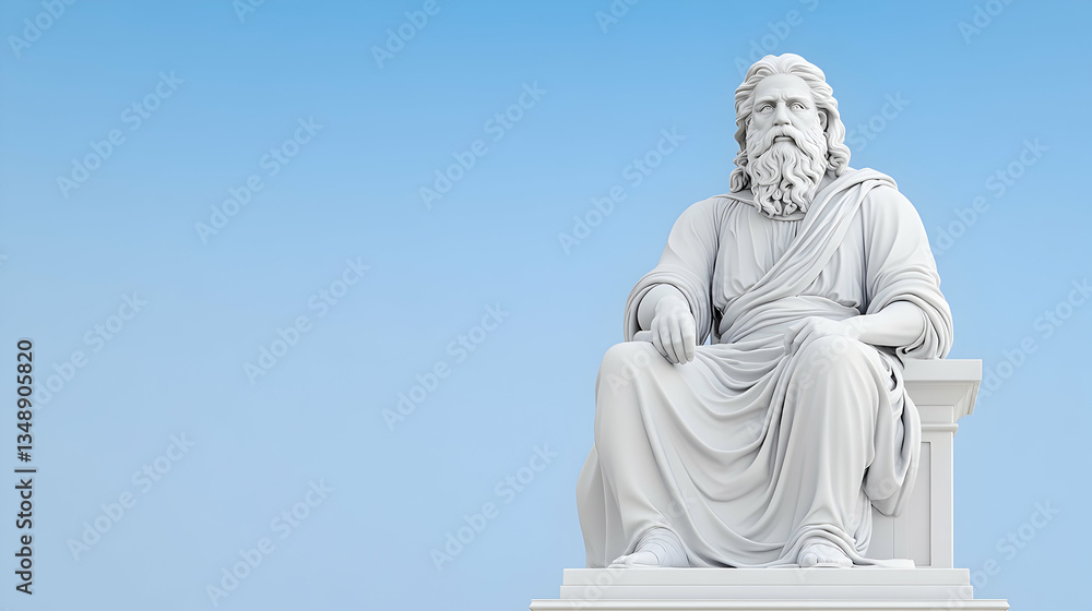 Seated marble statue of a bearded man against a clear blue sky Seated marble statue of a bearded man against a clear blue sky