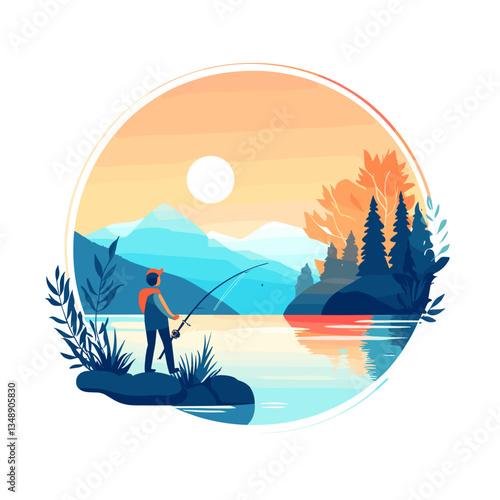 Fisherman Enjoying Tranquility by a Scenic Mountain Lake  