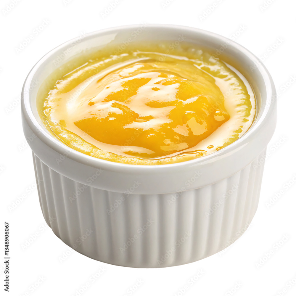 A ramekin filled with a bright yellow dessert sauce on in a studio setting transparent background A ramekin filled with a bright yellow dessert sauce on in a studio setting transparent background