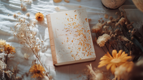 Aesthetic floral journal with dried flowers and soft natural light – vintage-inspired stationery on a cozy linen background