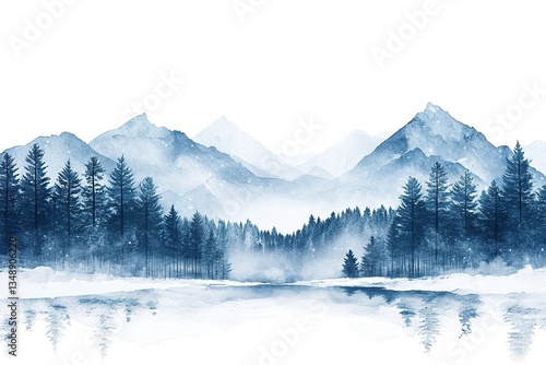Wallpaper Mural A beautiful watercolor painting depicts a mountain and forest scene Torontodigital.ca