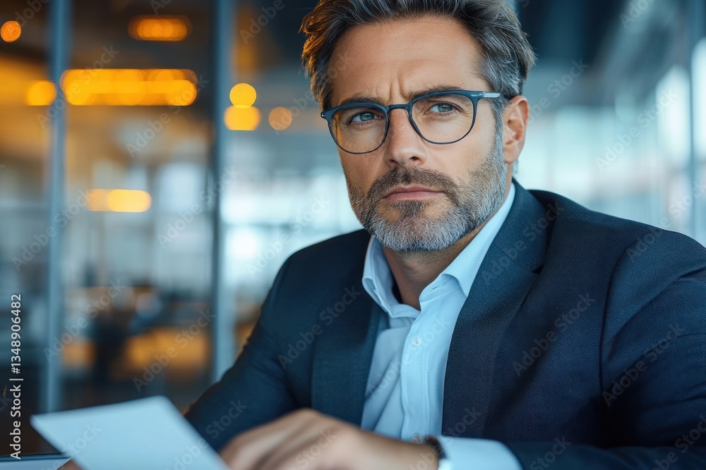 Contemplative businessman in modern office reading contract managing risks in suit with ambient lighting and glass reflections Contemplative businessman in modern office reading contract managing risks in suit with ambient lighting and glass reflections