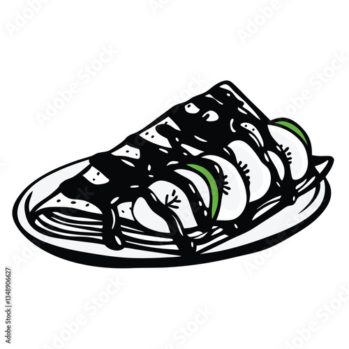 A slice of delicious cake with cream and fruit on a plate, isolated with a white background