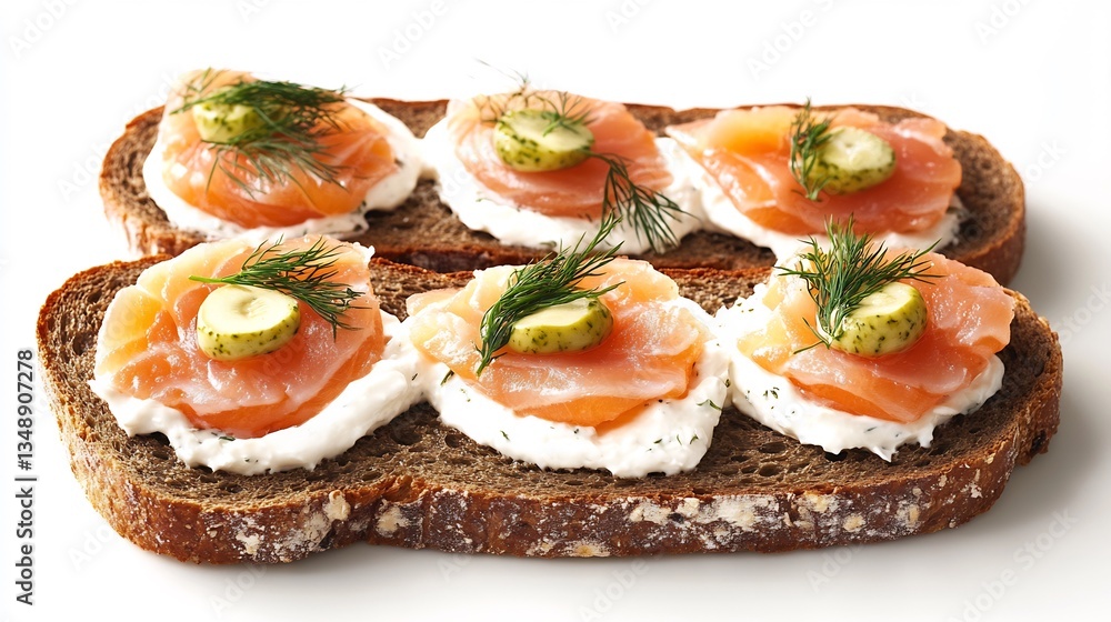 Danish smrrebrd open faced sandwich smoked salmon dill and cream cheese arranged on rye bread Danish smrrebrd open faced sandwich smoked salmon dill and cream cheese arranged on rye bread