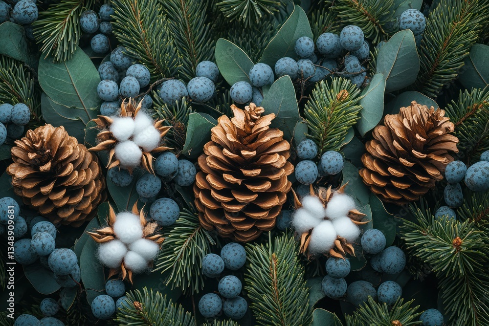 Fototapeta premium Pinecone and Cotton Floral Wreath with Green Leaves for Christmas Decoration