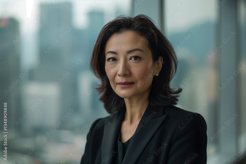 Confident Asian woman in a black suit stands in an office with a city skyline background, exuding professionalism and poise. Confident Asian woman in a black suit stands in an office with a city skyline background, exuding professionalism and poise.