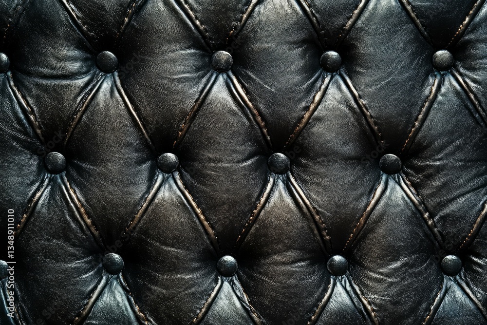 Obraz premium Close-up of black leather quilted pattern, showcasing texture and button details. Soft lighting enhances luxurious appearance, focusing on tactile beauty. Neural network AI generated