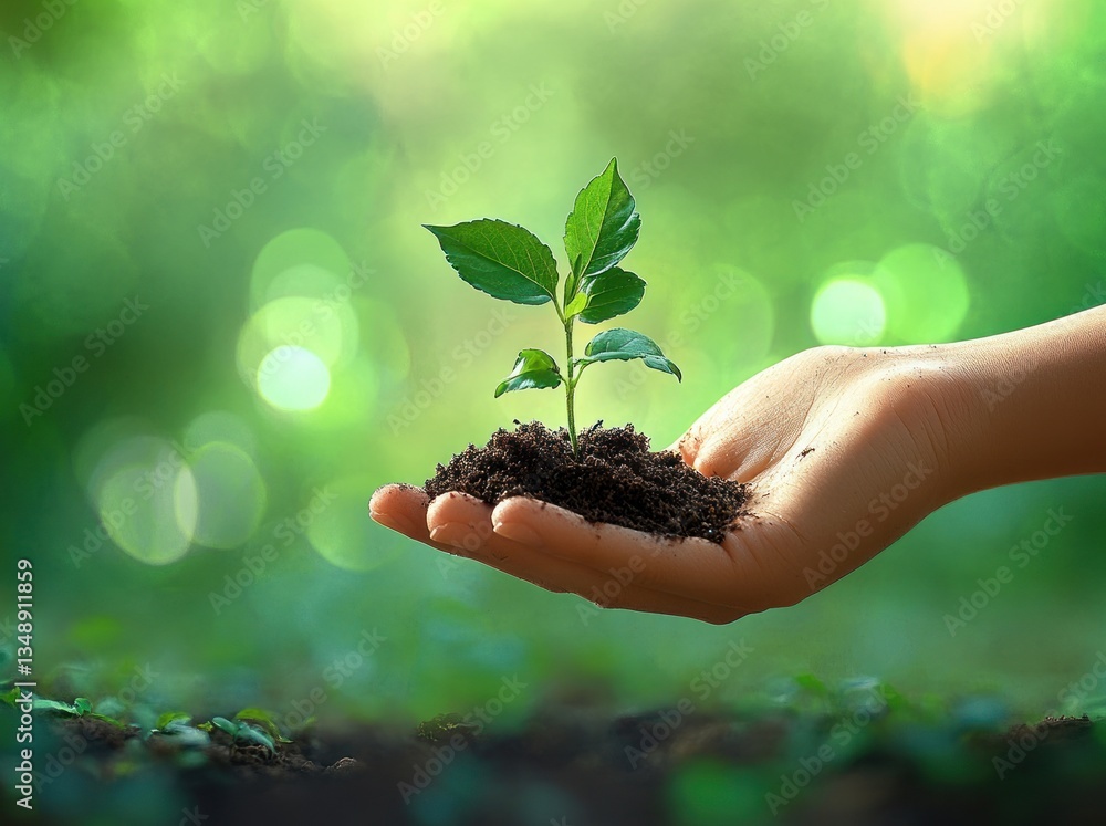 Fototapeta premium Close-Up Hand Holding Green Plant Growing From Soil On Green Background