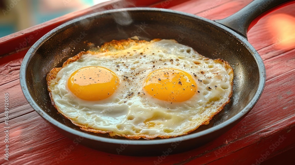 Delicious Sunny-Side-Up Egg in Rustic Frying Pan Vibrant Colors Food Photography Delicious Sunny-Side-Up Egg in Rustic Frying Pan Vibrant Colors Food Photography