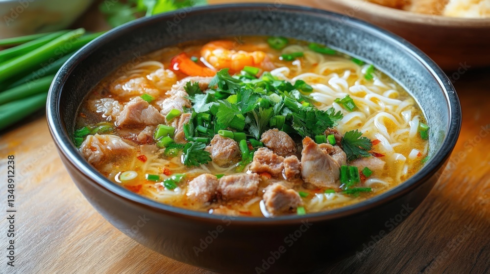 Vietnamese Noodles Mi Quang with Chicken Stock Shrimp Egg and Pork in Rich Broth Garnished with Green Onions Vietnamese Noodles Mi Quang with Chicken Stock Shrimp Egg and Pork in Rich Broth Garnished with Green Onions