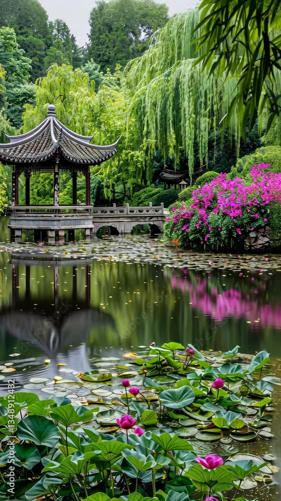 Serene garden setting features vibrant lotus flowers and a traditional pavilion surrounded by lush greenery and colorful blooms Serene garden setting features vibrant lotus flowers and a traditional pavilion surrounded by lush greenery and colorful blooms