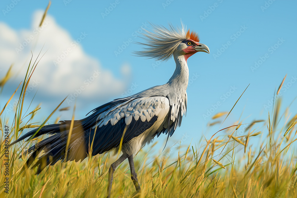 Fototapeta premium Secretary bird walking in the savanna under a clear blue sky with tall grass