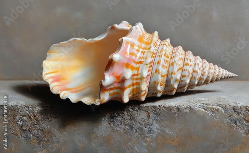 Strombus Sinatus Seashell Closeup with Gray Stone Background and Dramatic Lighting photo