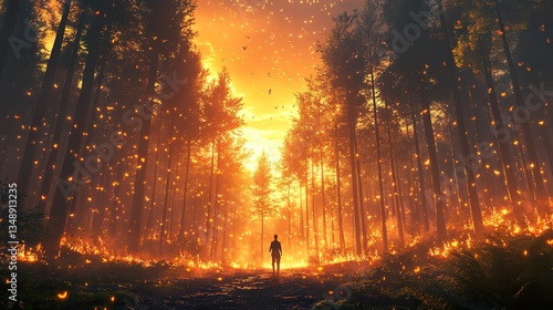 A solitary figure walks through a fiery burning forest at sunset