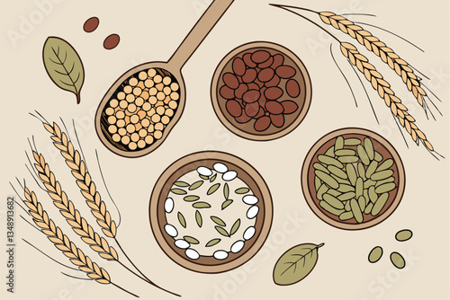 1 Overhead view, assorted legumes and grains, wooden bowls, neutral background, rustic food photography, wheat stalks, lentils, chickpeas, beans, peas, natural lighting, circular composition, earthy t
