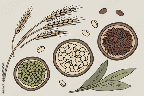 1 Overhead view, assorted legumes and grains, wooden bowls, neutral background, rustic food photography, wheat stalks, lentils, chickpeas, beans, peas, natural lighting, circular composition, earthy t