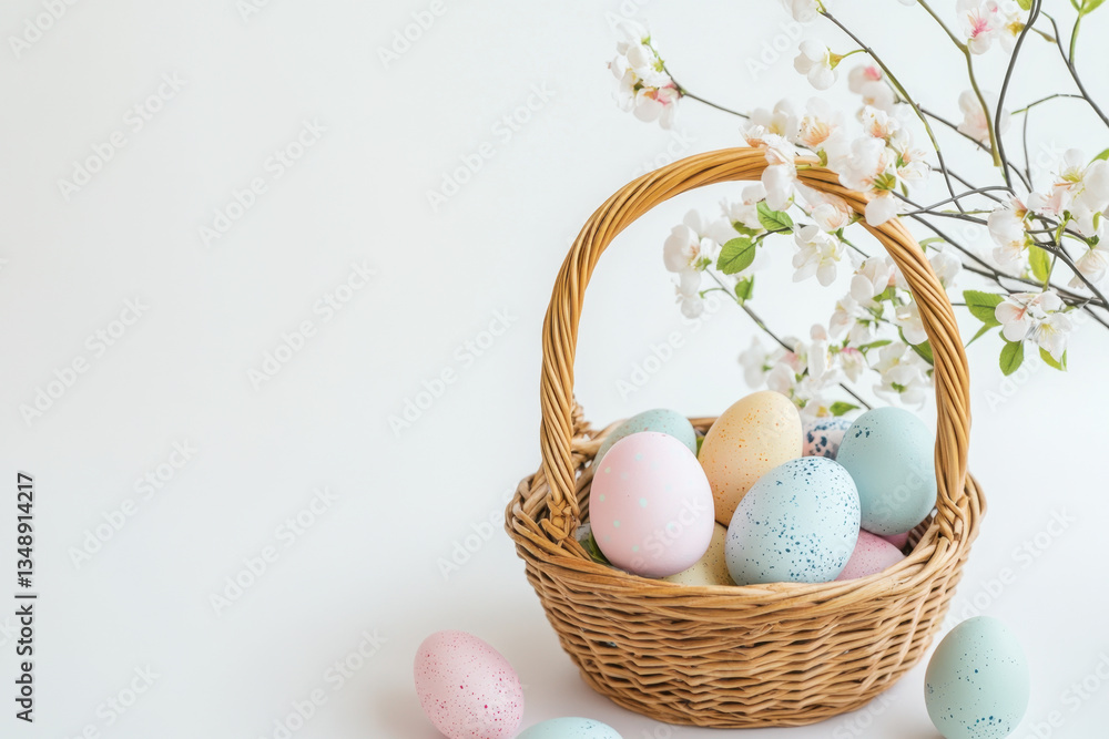Fototapeta premium Easter-themed composition, featuring pastel-colored eggs, a wicker basket, fresh spring flowers, and decorative elements on a simple white background with copy space