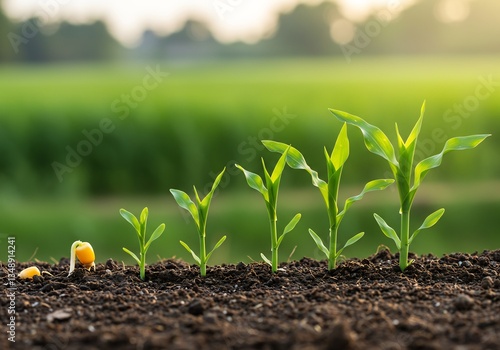 黄金時間、力強く成長する若いトウモロコシの苗木。生命力あふれる緑と土の温かいコントラスト