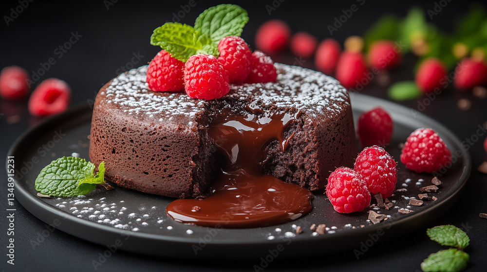 Chocolate cake with raspberries and chocolate sauce on black background Chocolate cake with raspberries and chocolate sauce on black background