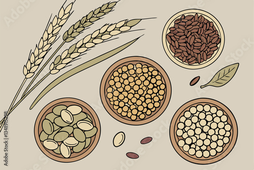 1 Overhead view, assorted legumes and grains, wooden bowls, neutral background, rustic food photography, wheat stalks, lentils, chickpeas, beans, peas, natural lighting, circular composition, earthy t