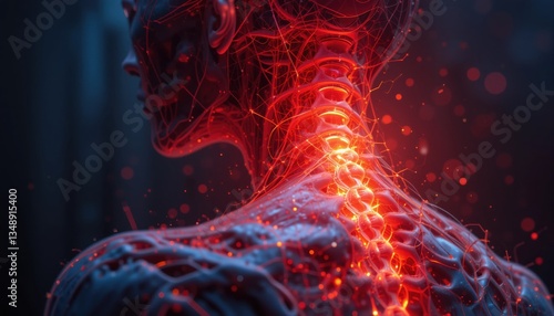 A glowing red spinal column illuminates a detailed anatomical rende of a human figure's back and neck area in a dark, mysterious setting creating a surreal and artistic image.