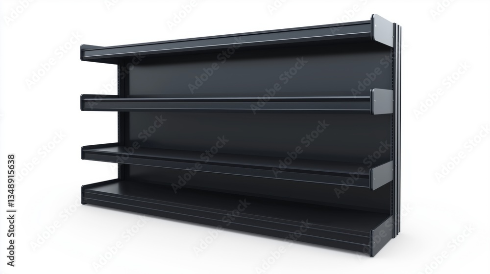 3D model of a gray, empty, four-tiered retail display shelf, with smooth, seamless surfaces and straight edges, isolated on a white background 3D model of a gray, empty, four-tiered retail display shelf, with smooth, seamless surfaces and straight edges, isolated on a white background
