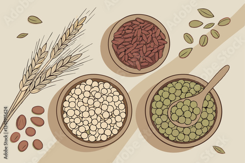1 Overhead view, assorted legumes and grains, wooden bowls, neutral background, rustic food photography, wheat stalks, lentils, chickpeas, beans, peas, natural lighting, circular composition, earthy t