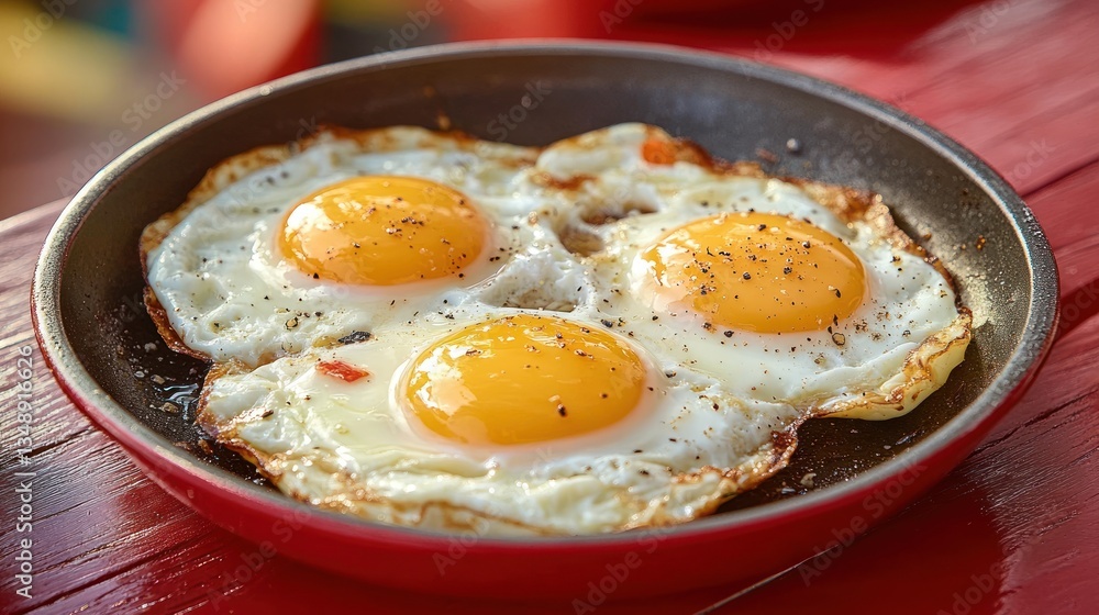 Delicious Sunny-side Up Eggs in Rustic Frying Pan Vibrant Colors Morning Light Street Food Delicious Sunny-side Up Eggs in Rustic Frying Pan Vibrant Colors Morning Light Street Food