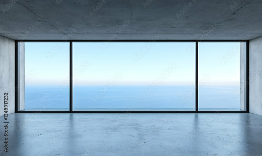 Fototapeta premium Minimalist Interior with Large Windows and Ocean View at Dusk