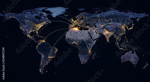 Global network connections illuminated world map at night data dark view blue dark earth lines space
