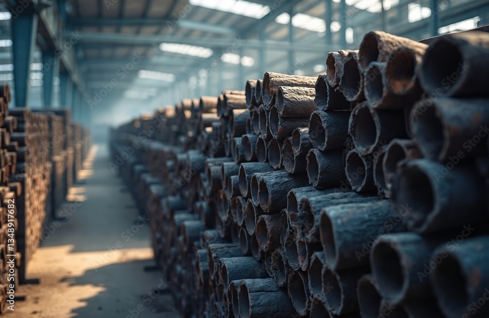 Obraz premium Steel round bar stock warehouse. Industrial construction material storage. Metal rods stacked in a factory. Steel pipes pile. Metal production and manufacturing, heavy industry. Metallic background.
