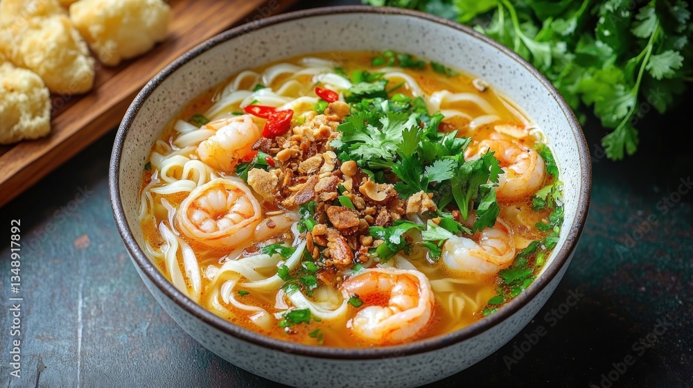 Vietnamese Mi Quang Noodle Soup with Shrimp Fresh Herbs and Vegetables Vietnamese Mi Quang Noodle Soup with Shrimp Fresh Herbs and Vegetables