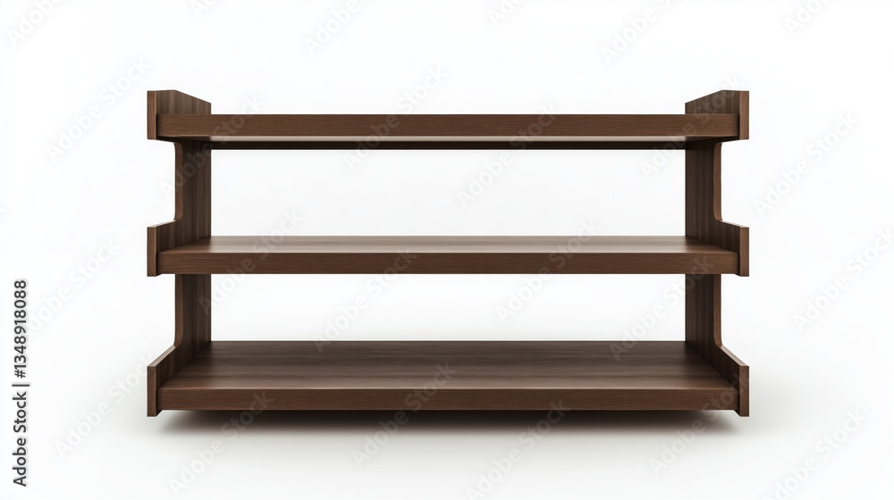 3D model of a brown, empty, four-tiered retail display shelf, with smooth, seamless surfaces and straight edges, isolated on a white background 3D model of a brown, empty, four-tiered retail display shelf, with smooth, seamless surfaces and straight edges, isolated on a white background