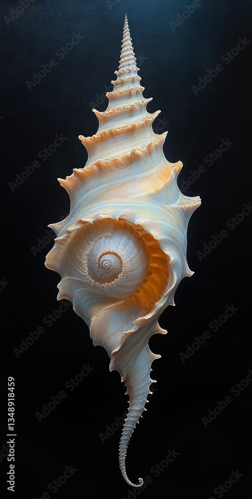 Obraz premium Spiral Seashell Tibia Fusus Photorealistic Painting Undersea Marine Life Ocean Shells Coastal Nature