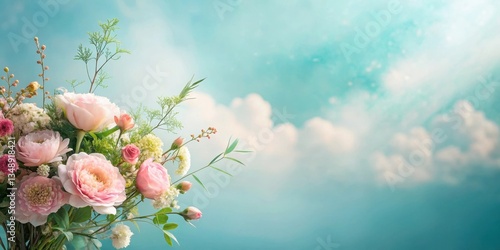 A delicate bouquet of pastel pink roses and wildflowers against a serene, soft blue sky with fluffy white clouds creates a peaceful and romantic scene.