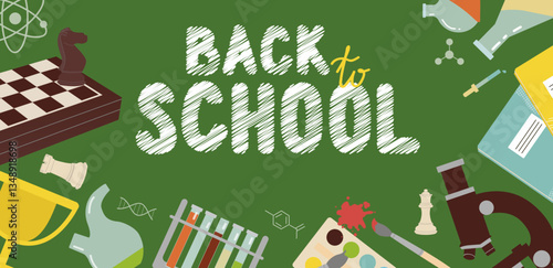 School supplies and microscope and chess. Back to school. Children's products for education and alarm clock. Vector illustrations in flat style. All objects are isolated.