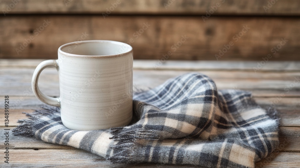 Cozy white mug with plaid scarf on rustic wooden tabletop. Cozy white mug with plaid scarf on rustic wooden tabletop.