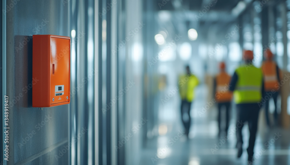 Bright orange fire alarm box is installed on the wall in a commercial building where workers wearing safety vests conduct a safety inspection. The atmosphere reflects an active work environment Bright orange fire alarm box is installed on the wall in a commercial building where workers wearing safety vests conduct a safety inspection. The atmosphere reflects an active work environment